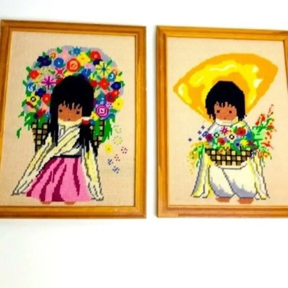 2 Native American Cross Stitch framed art floral vintage